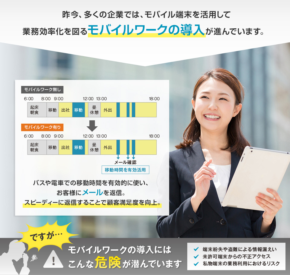 昨今、多くの企業では、モバイル端末を活用して業務効率化を図るモバイルワークの導入が進んでいます。